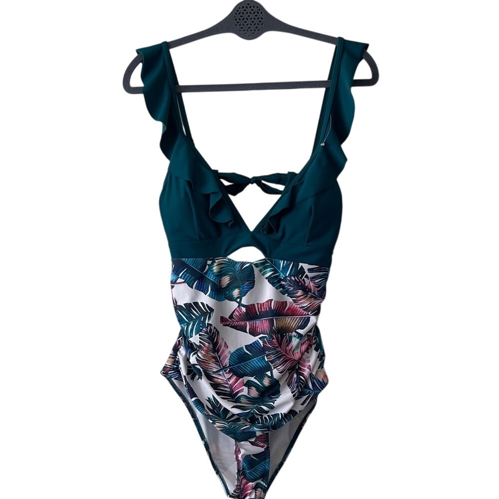 Sporlike Teal & Tropical Print Ruffle One-Piece Swimsuit Medium‎